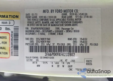 2015 Ford Fusion Titanium z USA, uszkodzony, nr VIN 3FA6P0K9XFR232802